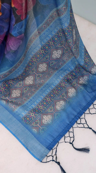 Mayawye Women's Linen Digital Print Saree With Unstitched Blouse 5.5Mtr (Blue)