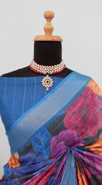 Mayawye Women's Linen Digital Print Saree With Unstitched Blouse 5.5Mtr (Blue)