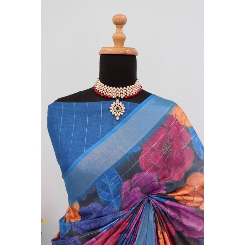Mayawye Women's Linen Digital Print Saree With Unstitched Blouse 5.5Mtr (Blue)