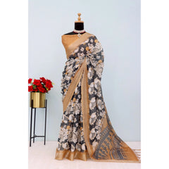 Mayawye Women's Linen Digital Print Saree With Unstitched Blouse 5.5Mtr (Black)