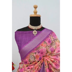 Mayawye Women's Linen Digital Print Saree With Unstitched Blouse 5.5Mtr (Purple)