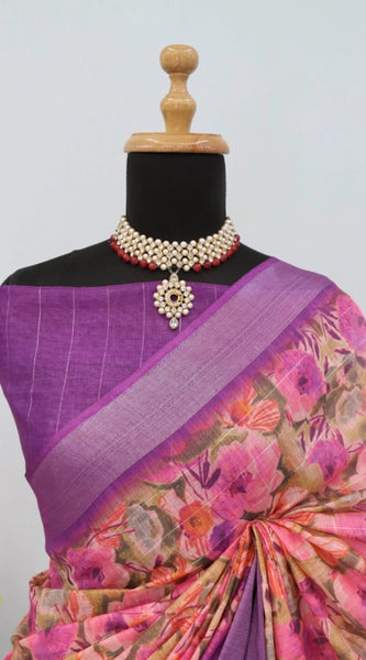 Mayawye Women's Linen Digital Print Saree With Unstitched Blouse 5.5Mtr (Purple)