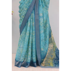 Mayawye Women's Linen Digital Print Saree With Unstitched Blouse 5.5Mtr (Sky Blue)