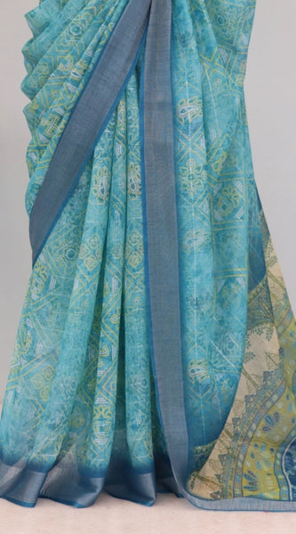 Mayawye Women's Linen Digital Print Saree With Unstitched Blouse 5.5Mtr (Sky Blue)