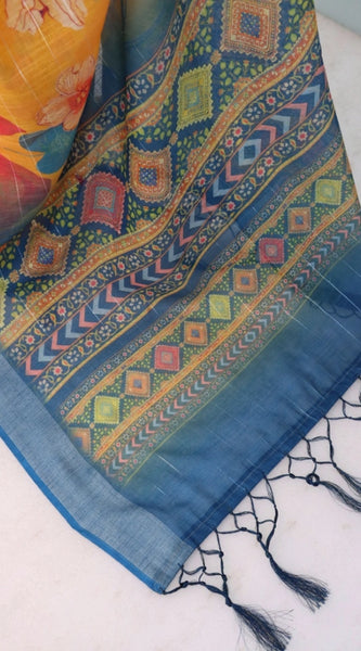 Mayawye Women's Linen Digital Print Saree With Unstitched Blouse 5.5Mtr (Yellow)