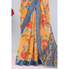 Mayawye Women's Linen Digital Print Saree With Unstitched Blouse 5.5Mtr (Yellow)