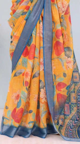 Mayawye Women's Linen Digital Print Saree With Unstitched Blouse 5.5Mtr (Yellow)
