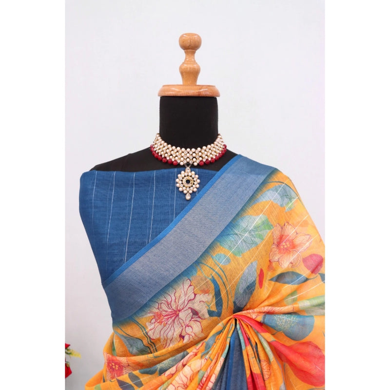Mayawye Women's Linen Digital Print Saree With Unstitched Blouse 5.5Mtr (Yellow)