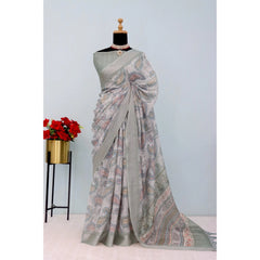 Mayawye Women's Linen Digital Print Saree With Unstitched Blouse 5.5Mtr (Grey)