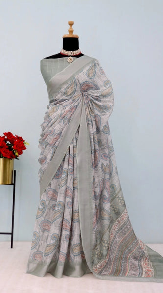 Mayawye Women's Linen Digital Print Saree With Unstitched Blouse 5.5Mtr (Grey)