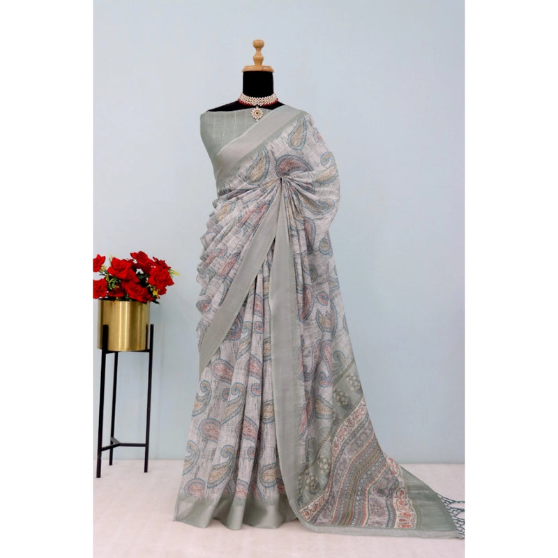 Mayawye Women's Linen Digital Print Saree With Unstitched Blouse 5.5Mtr (Grey)