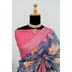 Mayawye Women's Linen Digital Print Saree With Unstitched Blouse 5.5Mtr (Blue)