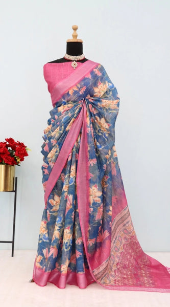 Mayawye Women's Linen Digital Print Saree With Unstitched Blouse 5.5Mtr (Blue)