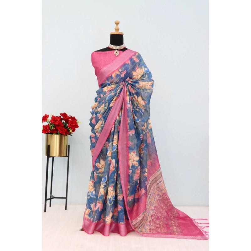 Mayawye Women's Linen Digital Print Saree With Unstitched Blouse 5.5Mtr (Blue)