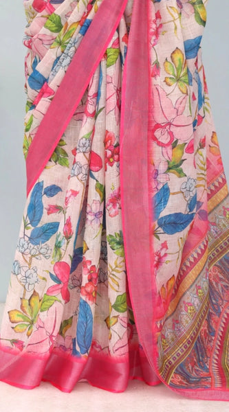 Mayawye Women's Linen Digital Print Saree With Unstitched Blouse 5.5Mtr (pink)