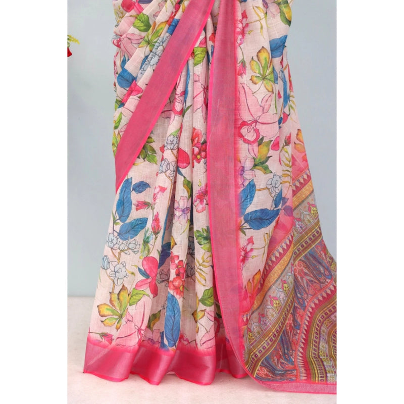 Mayawye Women's Linen Digital Print Saree With Unstitched Blouse 5.5Mtr (pink)