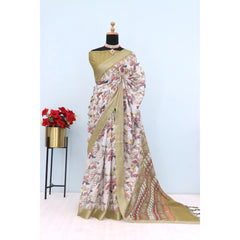 Mayawye Women's Linen Digital Print Saree With Unstitched Blouse 5.5Mtr (Beige)