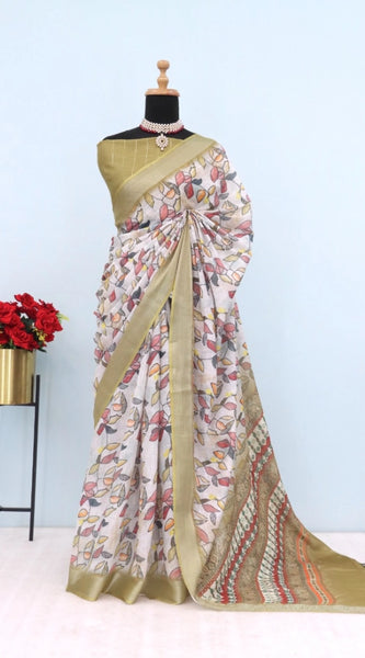 Mayawye Women's Linen Digital Print Saree With Unstitched Blouse 5.5Mtr (Beige)