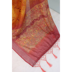 Mayawye Women's Linen Digital Print Saree With Unstitched Blouse 5.5Mtr (Mustard)