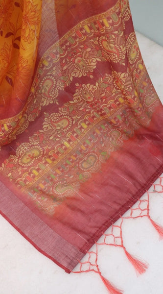 Mayawye Women's Linen Digital Print Saree With Unstitched Blouse 5.5Mtr (Mustard)