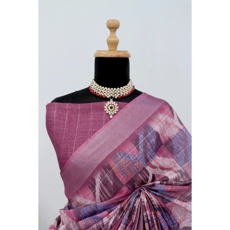 Mayawye Women's Linen Digital Print Saree With Unstitched Blouse 5.5Mtr (Pink)