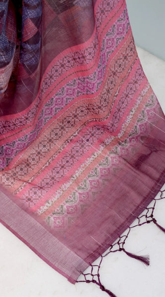 Mayawye Women's Linen Digital Print Saree With Unstitched Blouse 5.5Mtr (Pink)