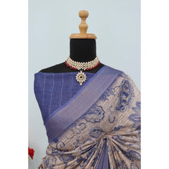 Mayawye Women's Linen Digital Print Saree With Unstitched Blouse 5.5Mtr (Blue)