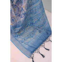 Mayawye Women's Linen Digital Print Saree With Unstitched Blouse 5.5Mtr (Blue)