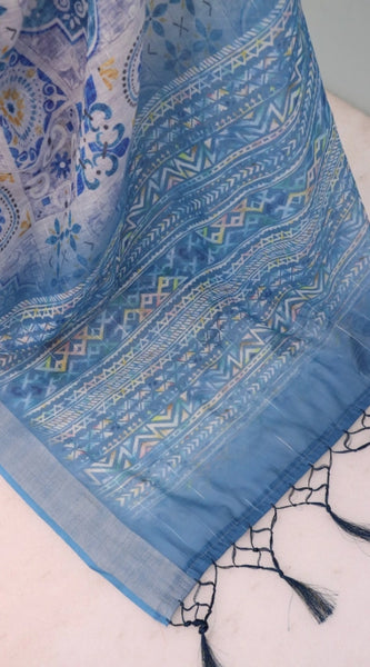 Mayawye Women's Linen Digital Print Saree With Unstitched Blouse 5.5Mtr (Blue)