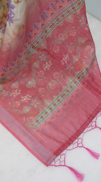 Mayawye Women's Linen Digital Print Saree With Unstitched Blouse 5.5Mtr (Pink)
