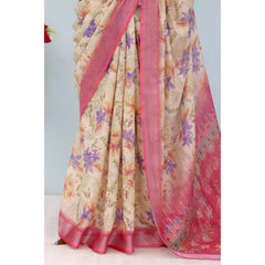 Mayawye Women's Linen Digital Print Saree With Unstitched Blouse 5.5Mtr (Pink)