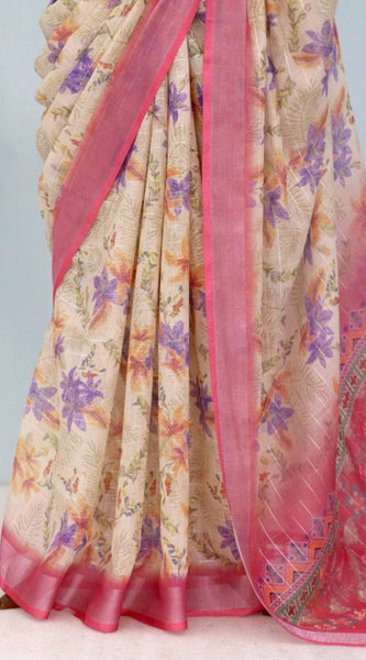 Mayawye Women's Linen Digital Print Saree With Unstitched Blouse 5.5Mtr (Pink)