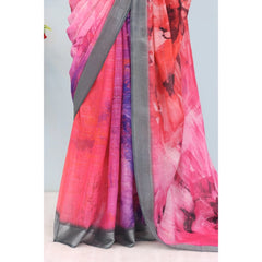 Mayawye Women's Linen Digital Print Saree With Unstitched Blouse 5.5Mtr (Pink)