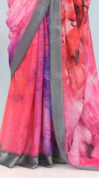 Mayawye Women's Linen Digital Print Saree With Unstitched Blouse 5.5Mtr (Pink)