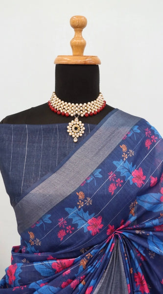 Mayawye Women's Linen Digital Print Saree With Unstitched Blouse 5.5Mtr (Blue)