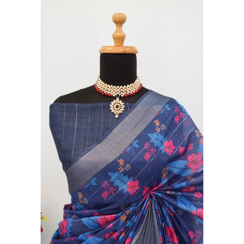 Mayawye Women's Linen Digital Print Saree With Unstitched Blouse 5.5Mtr (Blue)