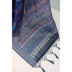 Mayawye Women's Linen Digital Print Saree With Unstitched Blouse 5.5Mtr (Blue)