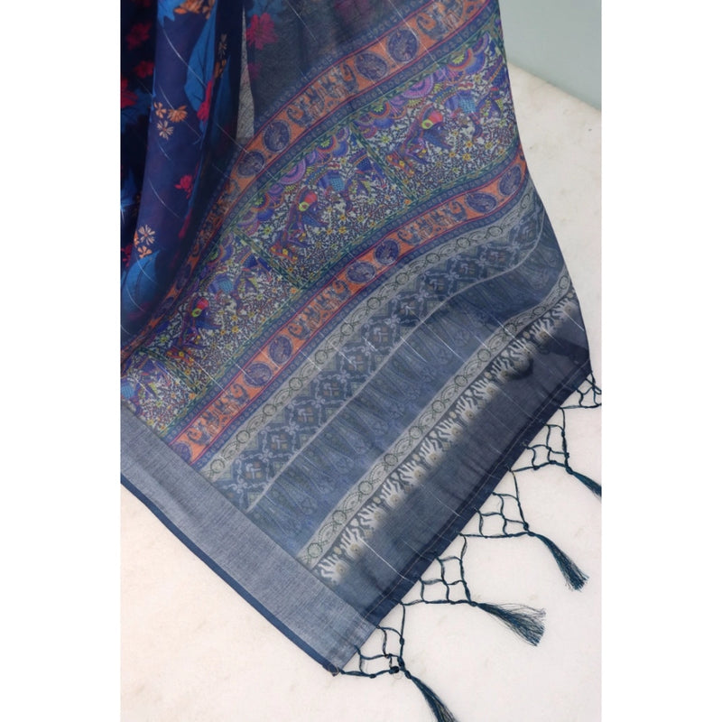 Mayawye Women's Linen Digital Print Saree With Unstitched Blouse 5.5Mtr (Blue)