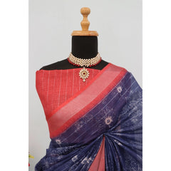 Mayawye Women's Linen Digital Print Saree With Unstitched Blouse 5.5Mtr (Blue)