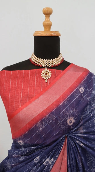 Mayawye Women's Linen Digital Print Saree With Unstitched Blouse 5.5Mtr (Blue)