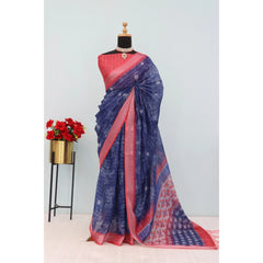 Mayawye Women's Linen Digital Print Saree With Unstitched Blouse 5.5Mtr (Blue)