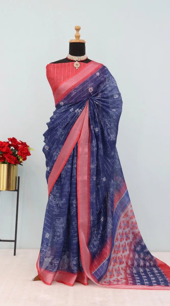 Mayawye Women's Linen Digital Print Saree With Unstitched Blouse 5.5Mtr (Blue)