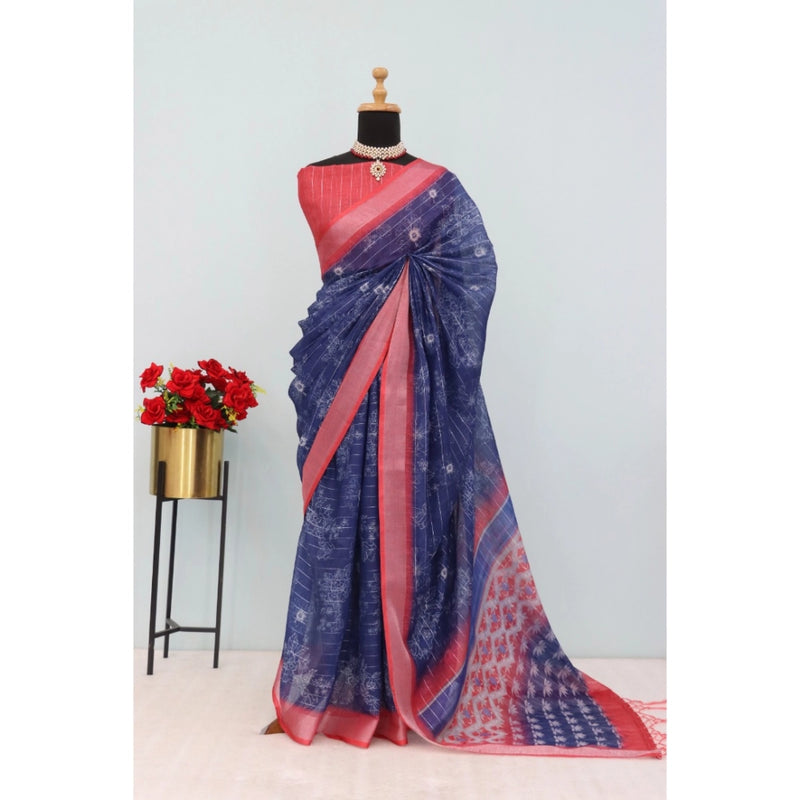 Mayawye Women's Linen Digital Print Saree With Unstitched Blouse 5.5Mtr (Blue)