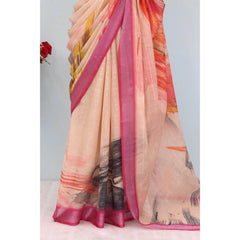 Mayawye Women's Linen Digital Print Saree With Unstitched Blouse 5.5Mtr (Multicolor)