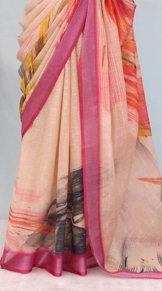 Mayawye Women's Linen Digital Print Saree With Unstitched Blouse 5.5Mtr (Multicolor)