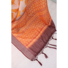 Mayawye Women's Linen Digital Print Saree With Unstitched Blouse 5.5Mtr (Orange)