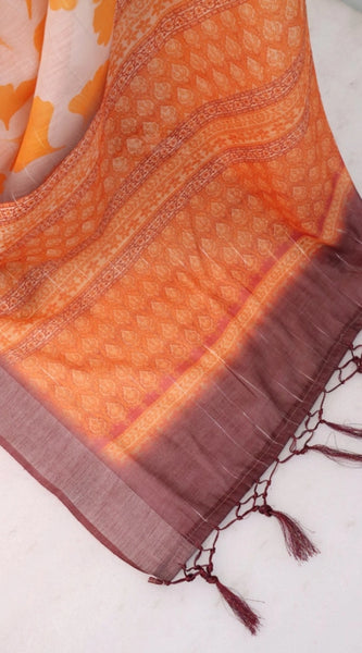 Mayawye Women's Linen Digital Print Saree With Unstitched Blouse 5.5Mtr (Orange)