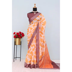 Mayawye Women's Linen Digital Print Saree With Unstitched Blouse 5.5Mtr (Orange)