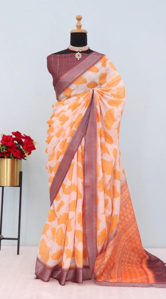 Mayawye Women's Linen Digital Print Saree With Unstitched Blouse 5.5Mtr (Orange)