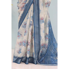 Mayawye Women's Linen Digital Print Saree With Unstitched Blouse 5.5Mtr (Blue)